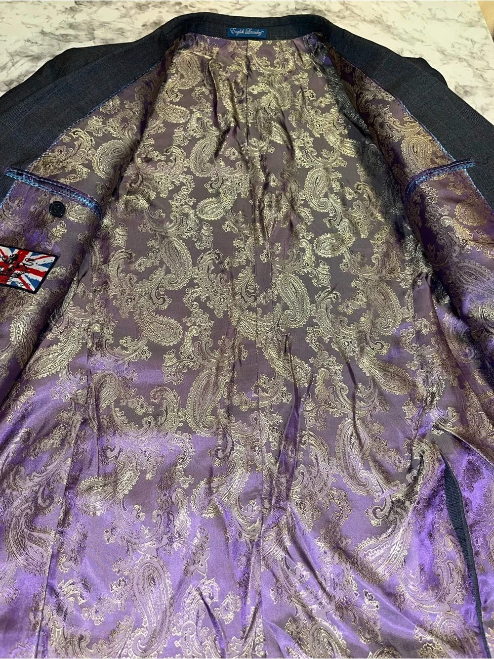English Laundry Gray Windowpane Sport Coat with Purple Paisley Lining
